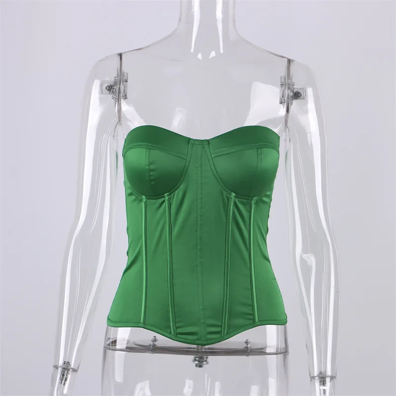 NHKDSASA Satin Corset Crop Top Strapless Green Summer Sexy Tube Off Shoulder Party Sleeveless Bustier Tank Tops Women Y2K