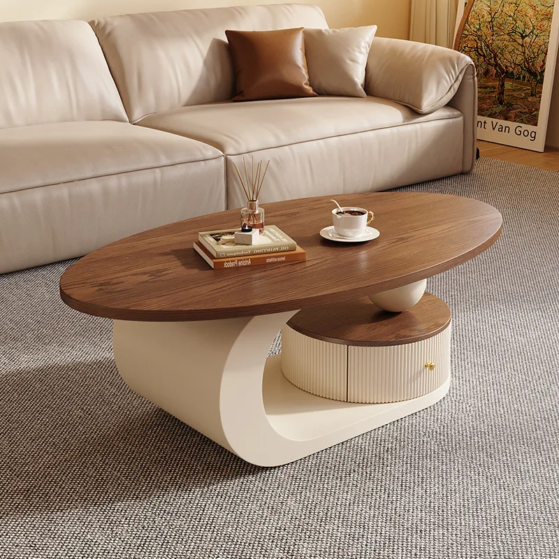 Oval coffee table, cream-style living room, small household walnut tea table combination new modern light luxury