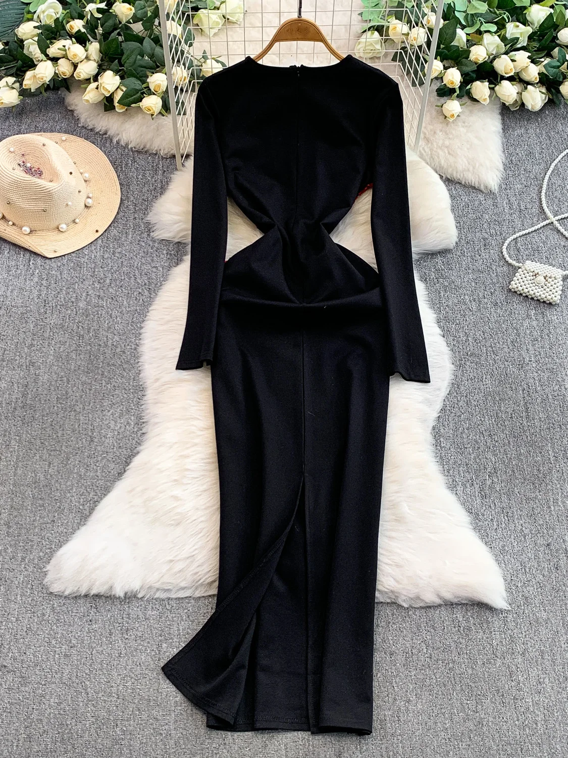 Faionable Round Ne Embellied Feather Heavy Work Slim Fit Damen Dr. Herbstsaison Body ein langes Rock-Abendkleid