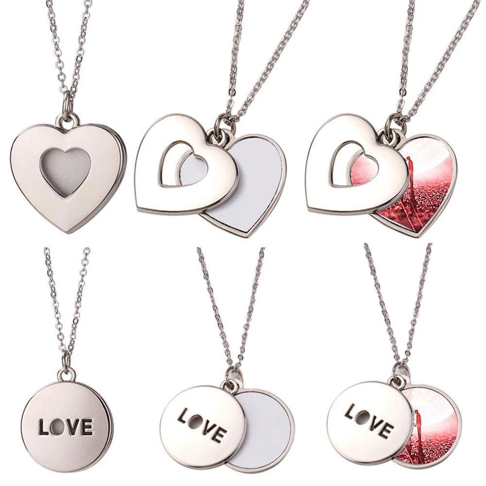 Collar en blanco de sublimación en forma de corazón, collar hueco redondo, cadena plana, colgante, joyería, suministros de manualidades DIY, regalo de San Valentín