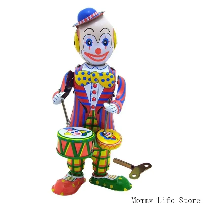 

Vintage Tinplate Clown Drummer Figurine Toy for Kids and Adults Nostalgic Windup Model Figure Office Home Desk Ornament