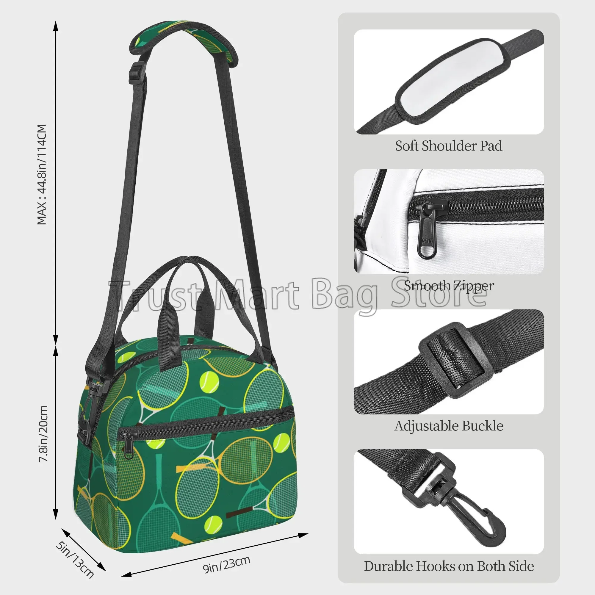 Tennis Rackets and Balls Insulated Lunch Bag for Travel Reusable Waterproof Thermal Bento Tote with Adjustable Shoulder Strap