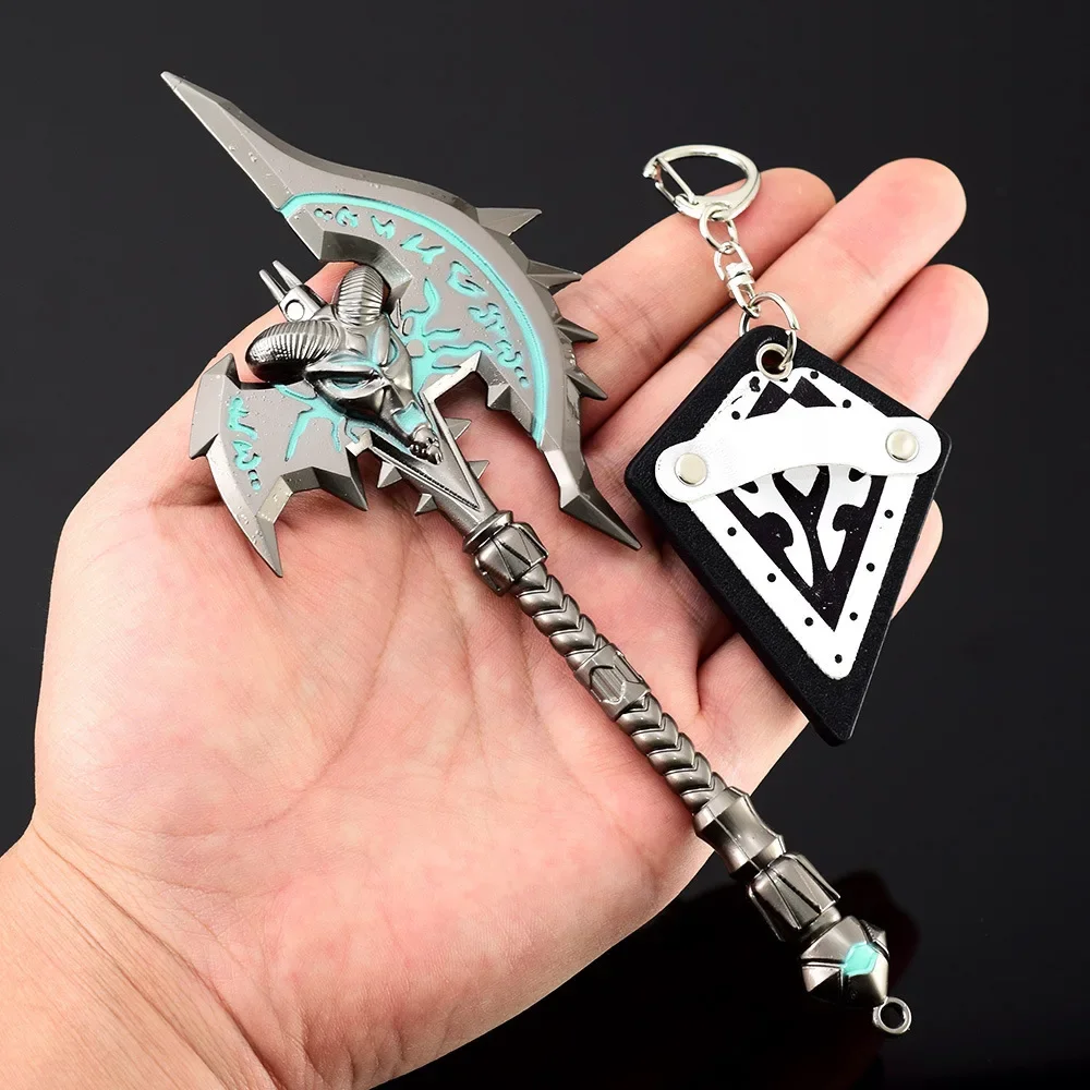 18CM World of Warcraft Shadowmourne Axe dengan perisai Game pinggiran Model ornamen dengan gantungan kunci Cosplay senjata aman mainan anak laki-laki