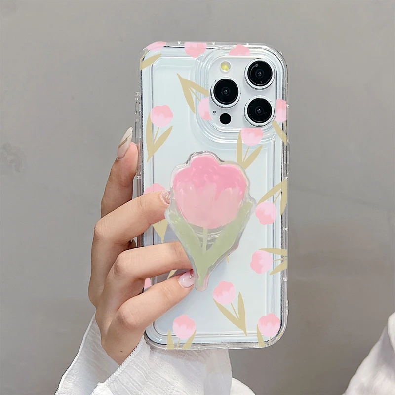 

Tulip Grip Holder Phone Case For Samsung Galaxy S24 Ultra S23 S22 Plus S21 FE A14 A15 A35 A55 A34 A54 A33 Stand Clear Soft Cover