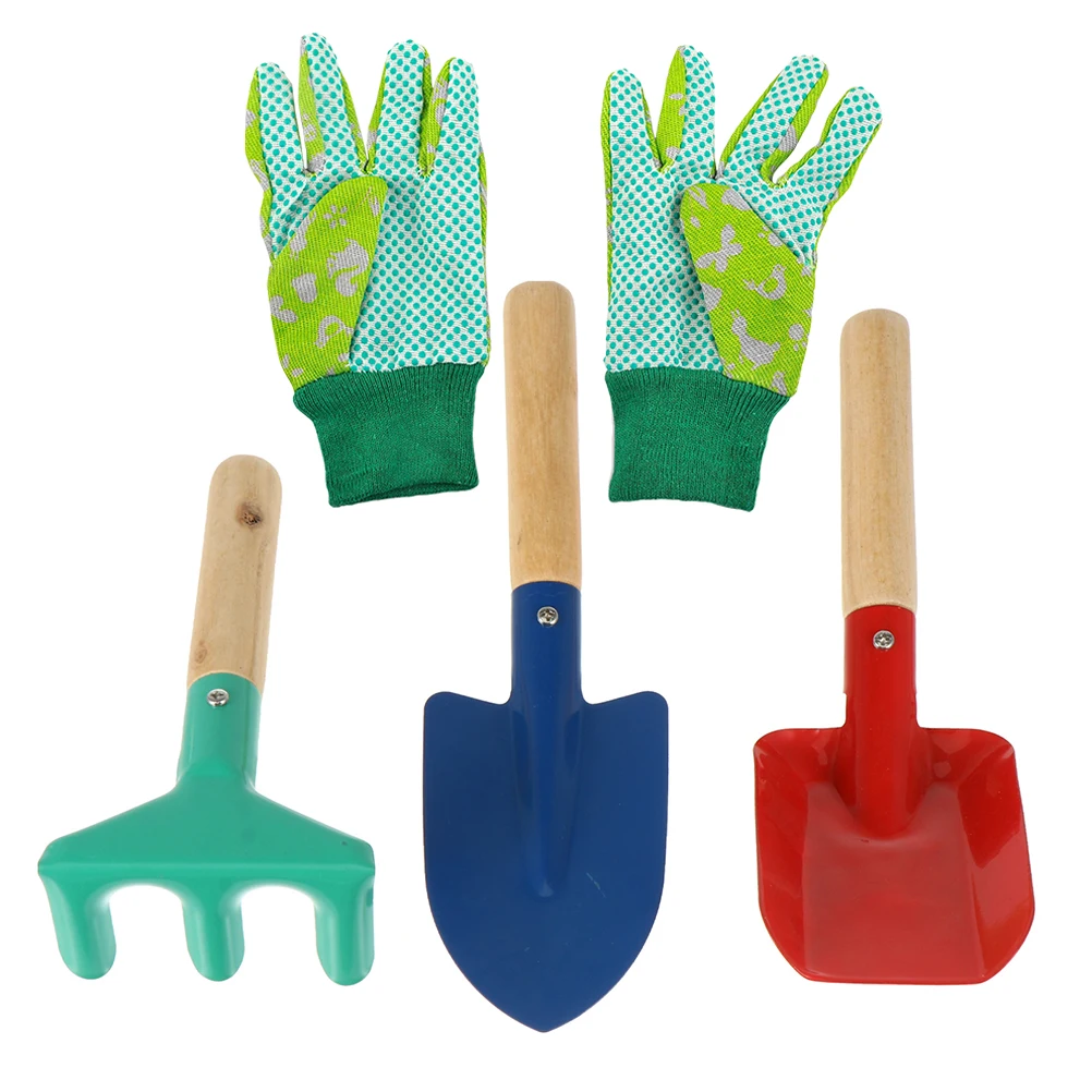 Juego de herramientas de jardinería para niños, pala con mango de madera, rastrillo, paleta, guantes, actividad al aire libre, regalo educativo divertido, 5 uds.