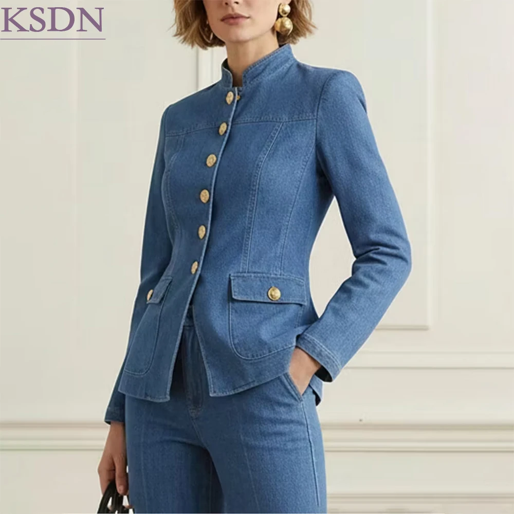 Modern Women Suits Fitted Denim Jacket with Flap Pockets Flared Pants 2 Piece Fashion Mandarin Collar Single Breasted Blazer