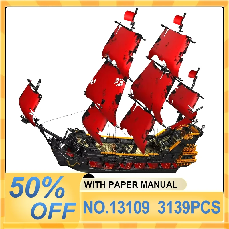 MOULD KING 13109 Technical MOC Pirates Ship Building Blocks Bricks Red Ship Model Puzzle Assembly Toys Christmas Gift For Kids