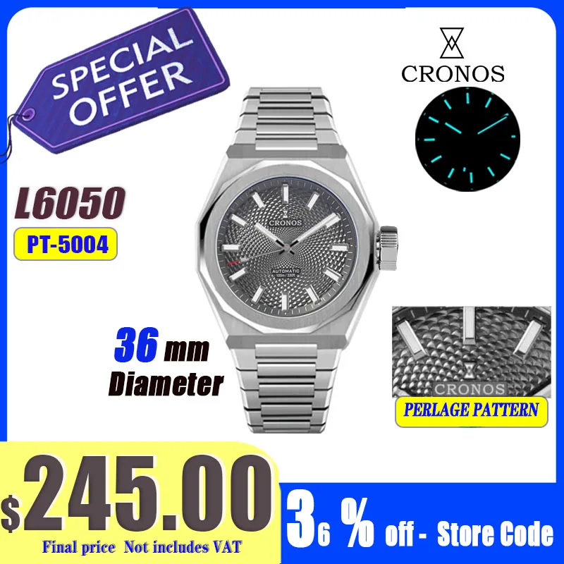 Reloj Cronos de lujo para hombre, 36mm, automático, PT5004, Miyota 90S5, relojes de pulsera, zafiro, 10ATM, parte trasera transparente, L6050, reloj para hombre
