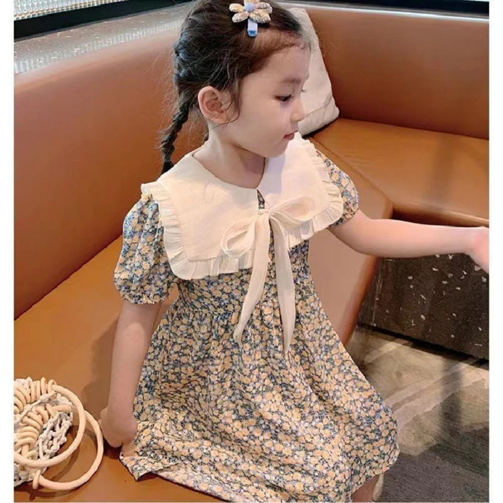 Korean Version Sweet Floral Dress with Bow Collar and Short Sleeves Fashionable Girls' Clothes Casual Summer New Style 2025