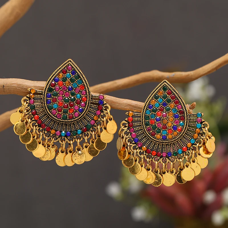 Vintage Indian Feng Shui Droplets Full of Diamonds, Colorful Tassel Round Plate Ball Earrings