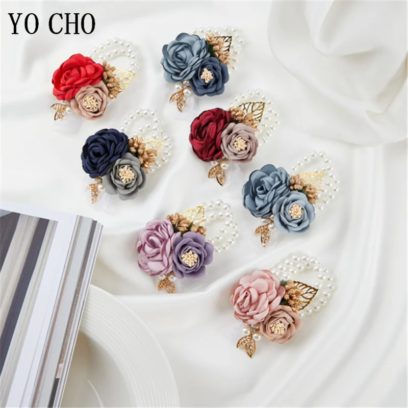 Artificial Rose Flower Boutonniere and Wrist Corsages for Girls Bridesmaid Wrist Flowers Bride Groom Brooches Wedding Supplies