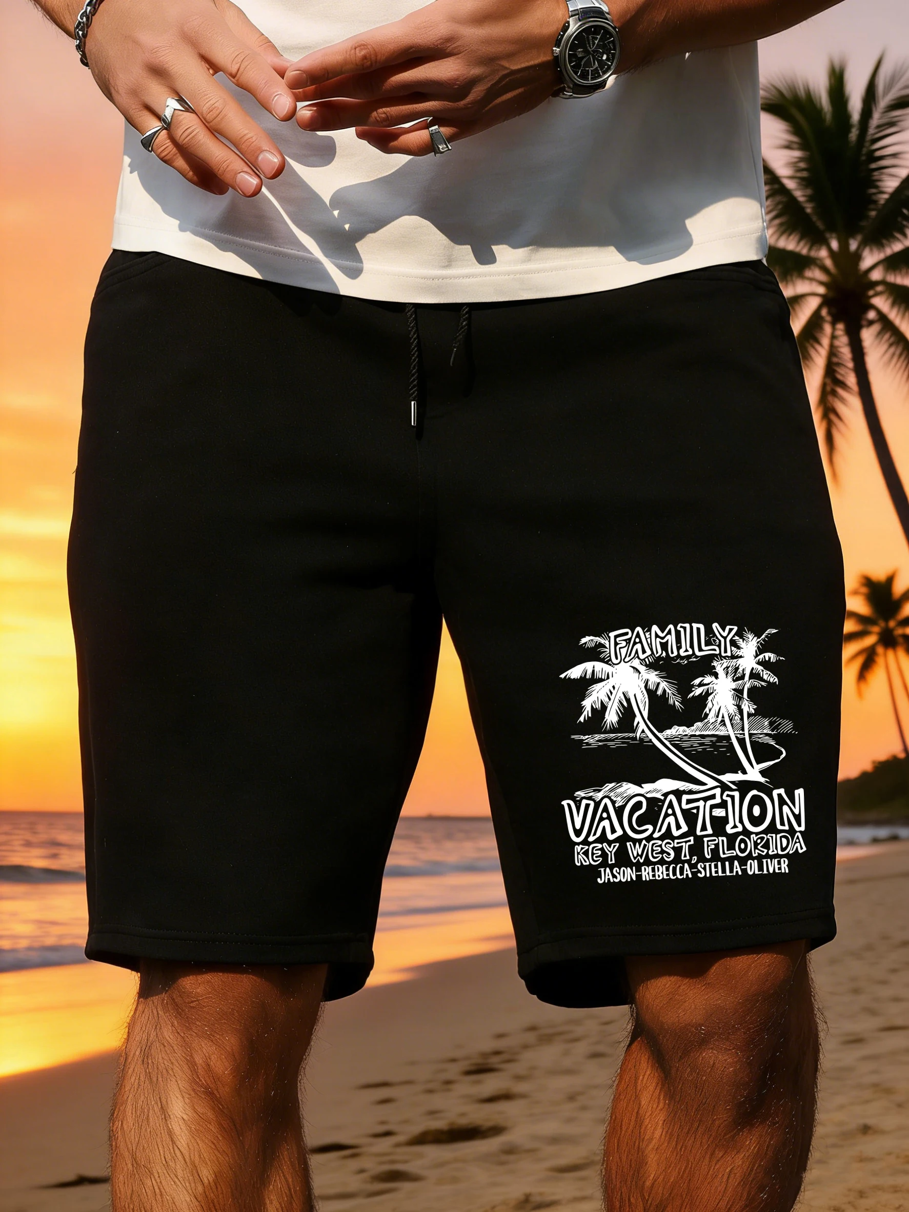 

Family Vacation By The Sea Printing Men'S Shorts Summer Elasticity Pants Drawstring Gym Pant Breathable Wide Leg Streetwear