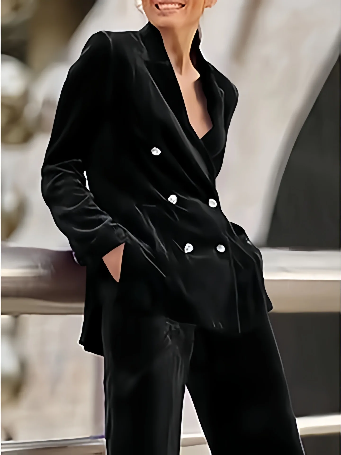 Dames fluwelen blazerset met dubbele rij knopen Retro elegante losse casual mode jas en broek tweedelige set. Beroemdheidsjurken.