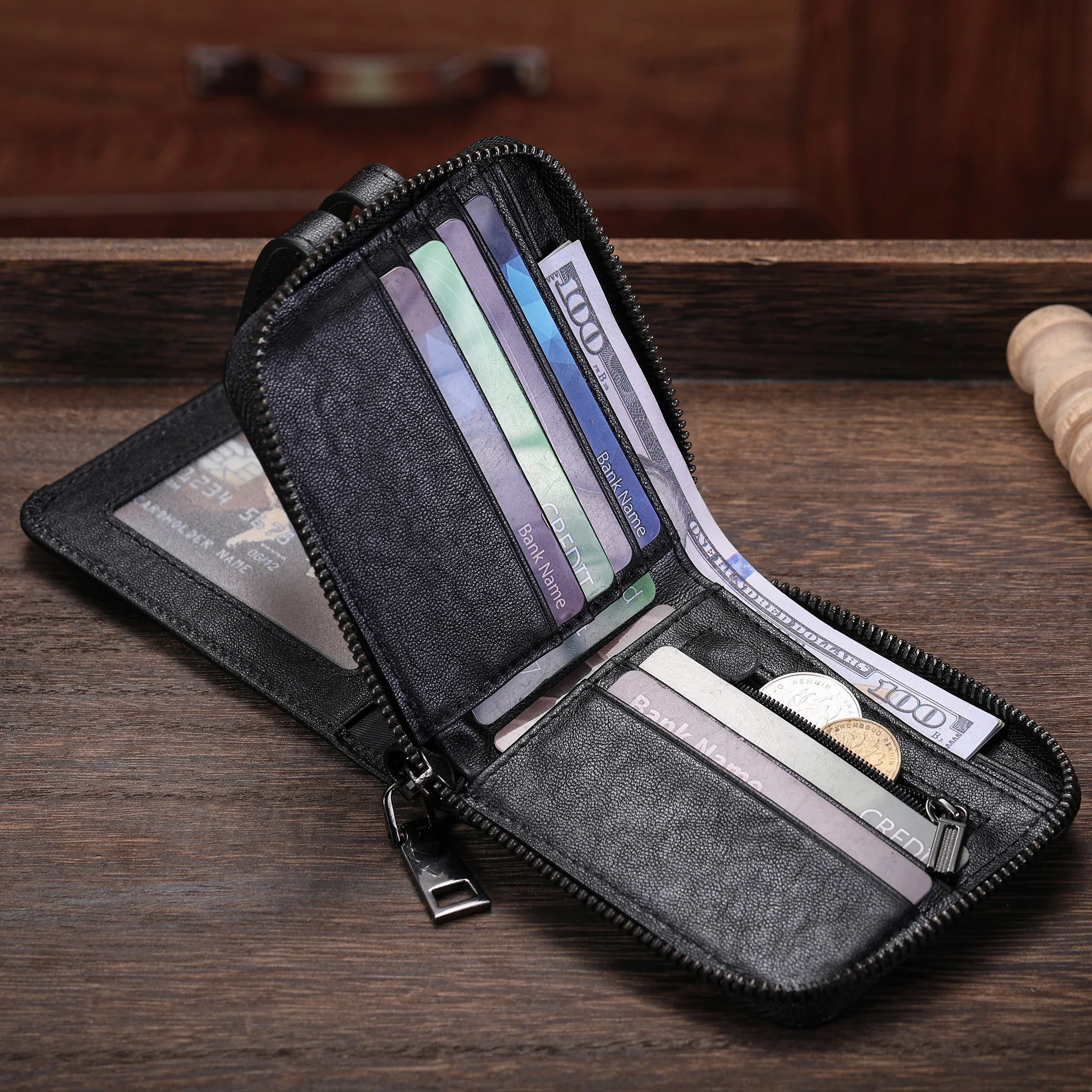 LUKZIJAES Genuine Leather Wallet Men RFID Blocking Large Capacity Credit Card Vintage Men's Wallet Zipper ID Window Coin Pocket