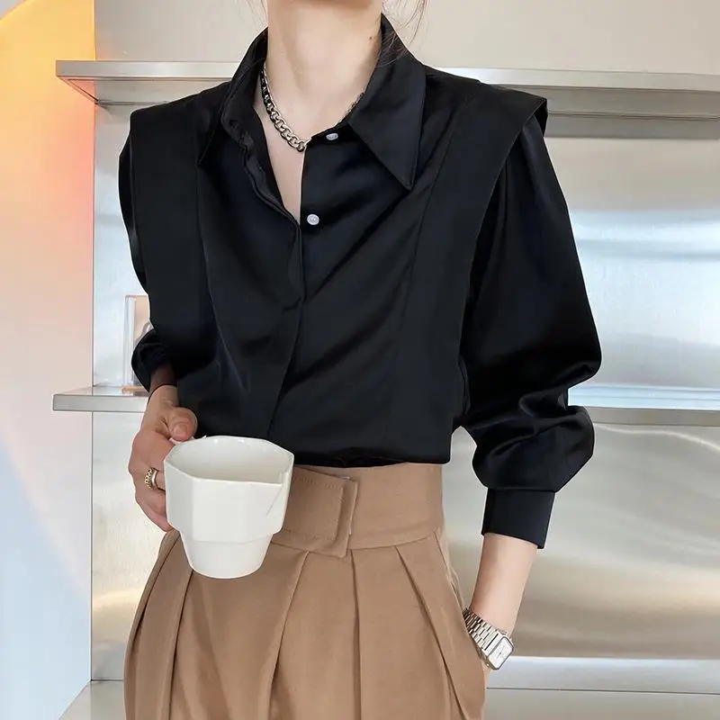 Fashion Solid Color Button Spliced Loose Korean Shirt Female Clothing 2023 Spring New Casual Tops All-match Office Lady Blouse