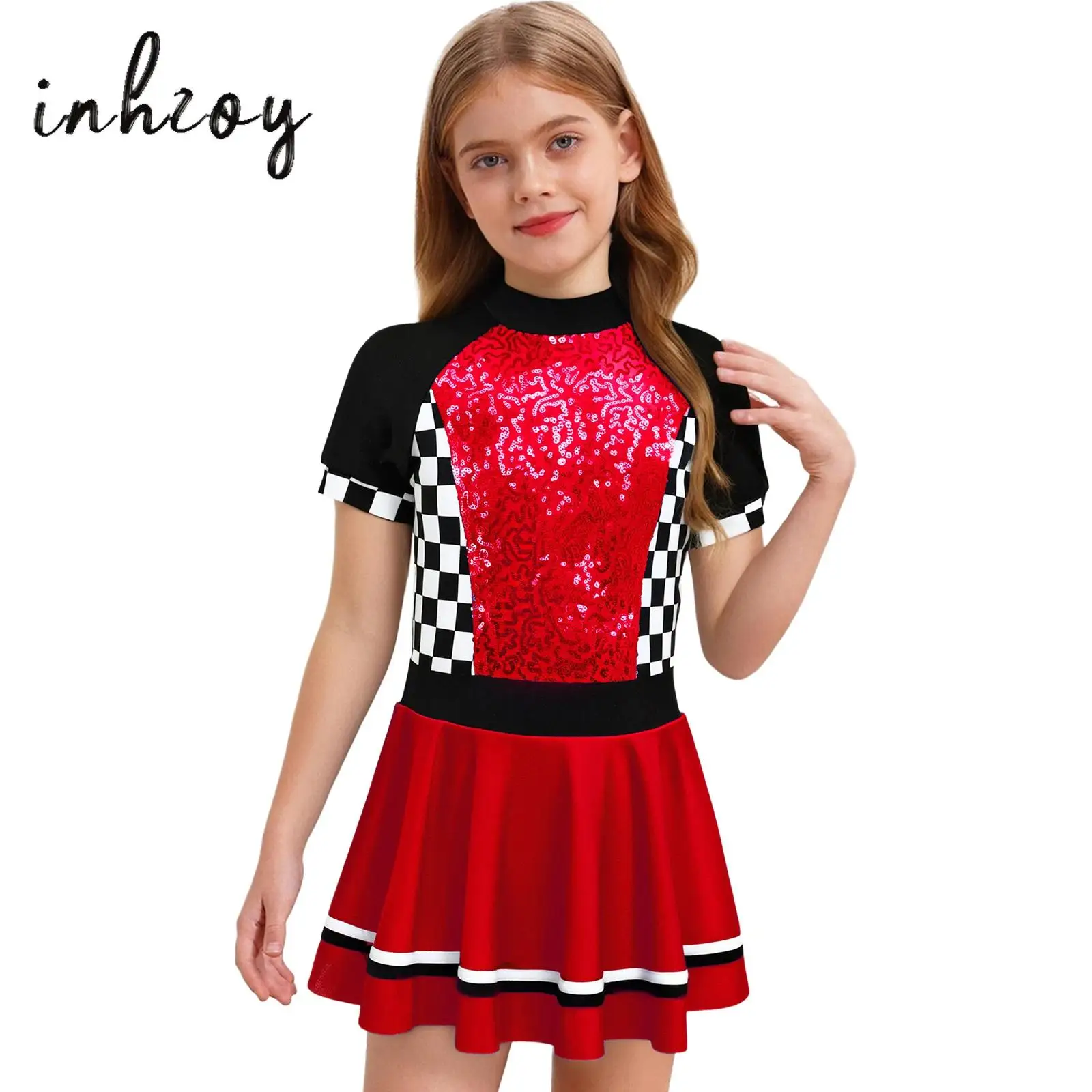 

Girls Racing Driver Costume Mock Neck Short Sleeve Checkerboard Shiny Sequins Dress Built-in Briefs for Halloween Party Cosplay