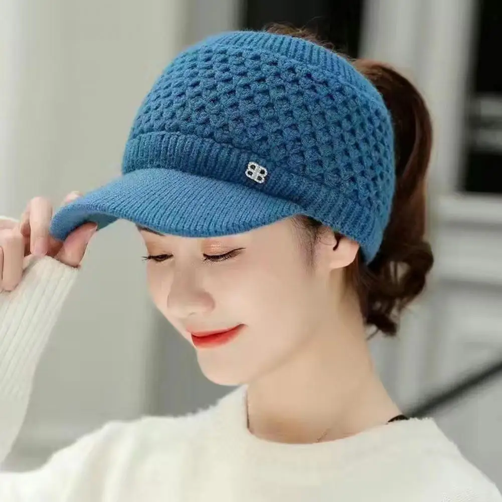 Knitted Hat Empty Top Plush Lining Casual Peaked Stretchy Keep Warm Solid Color Autumn Winter Women Sports Cap for Outdoor кепка