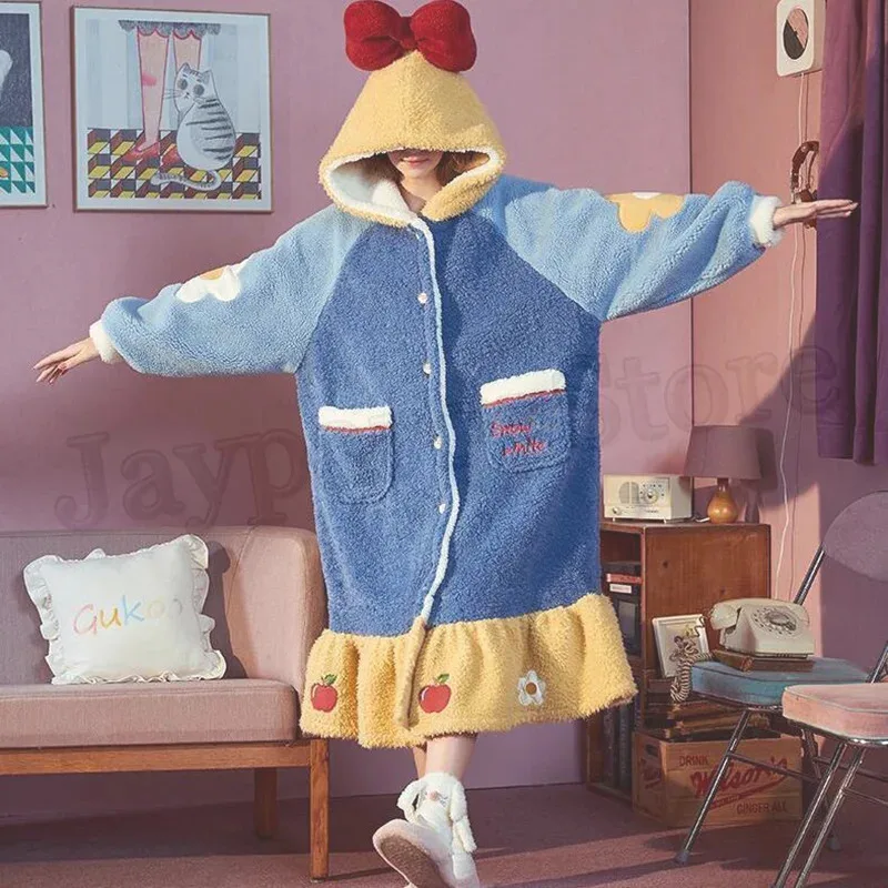 

COSda@Women Winter Warm Fleece Coral Color Snow White Nightgown Sleepwear Cute Kawaii Cartoon Pajama Homewear Female Pajama Bath