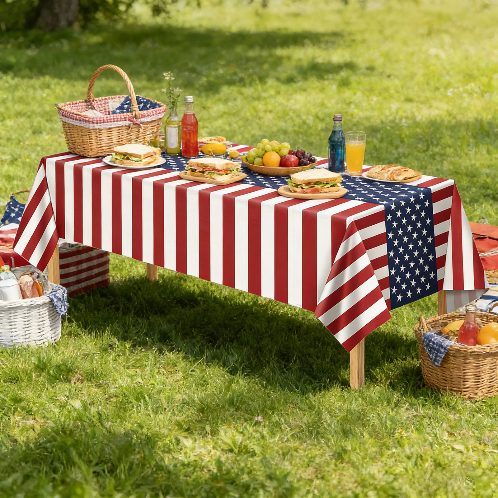 2Pcs American Flag Print Tablecloths Waterproof Patriotic Flag Themed Tablecloth 54x108Inch for Picnic Dinner Parties Supplies
