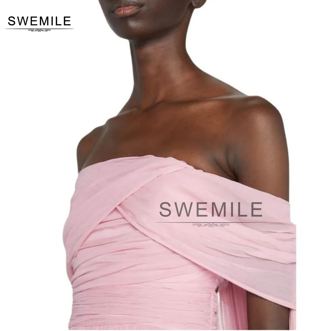 SWEMILE Pink A-Line High Slit Strapless Floor-Length Chiffon Zipper Up Short Sleeves Lining Formal Occasion Dresses Prom Dresses