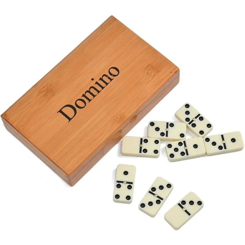 

Classic Domino Game for Family Night Party Travel, 28pcs White Domino Tiles with Elegant Wooden Box Family Friends Entertainment
