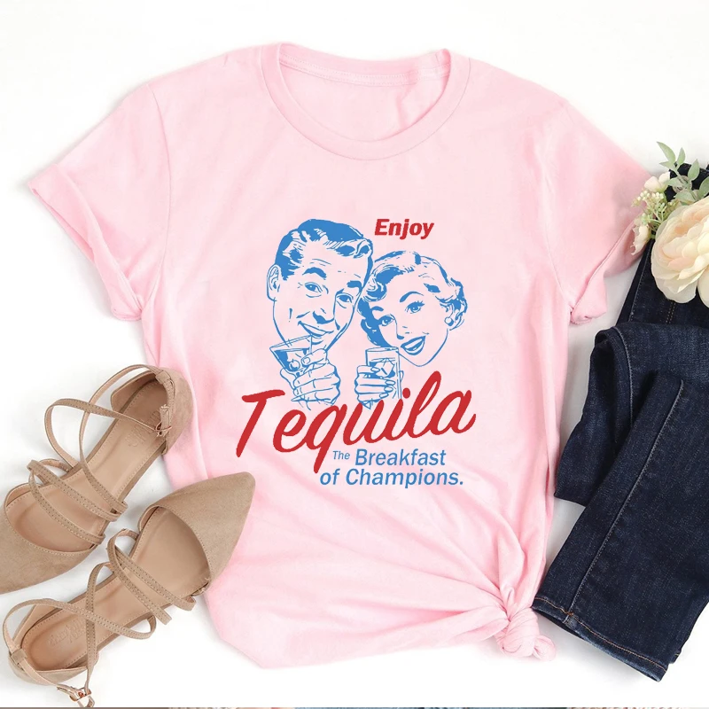 Enjoy Tequila Breakfast of Champions Vintage Graphic T Shirts Women Cotton Trendy Retro T-shirts Cowboy Cowgirl Loose Tshirt