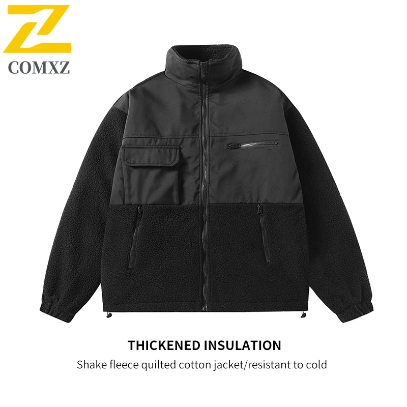 

COMXZ 2025 Mens Womens Shearling Jacket Winter Turtle Neck Casual Coat Unisex Fleece Lined Outerwear Trendy Streetwear Plus Size