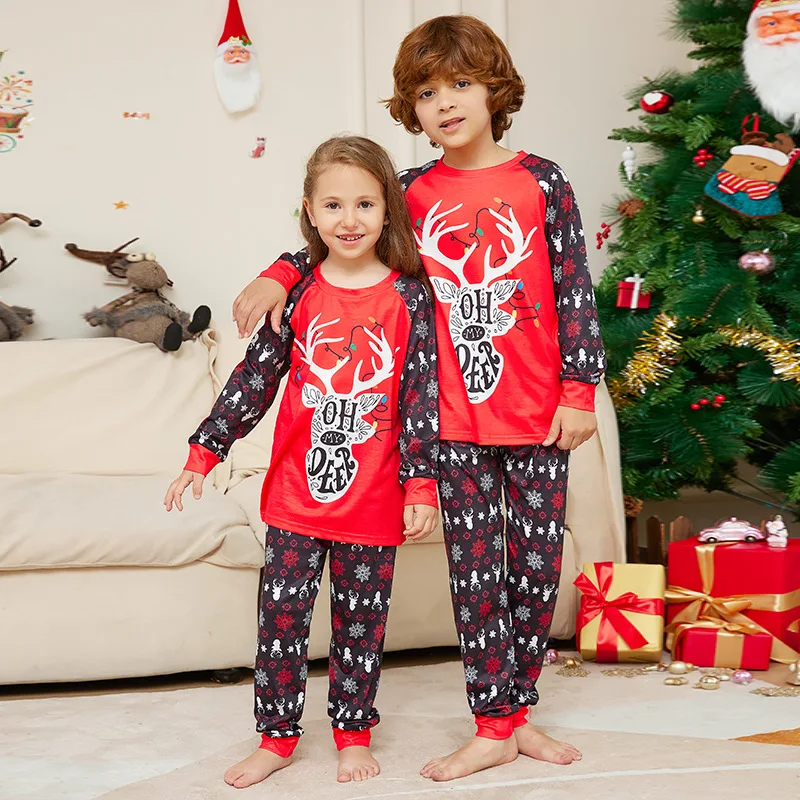 Christmas family matching family suit cartoon antler letter print long sleeve Round Lord man and dog homewear pajamas pants set