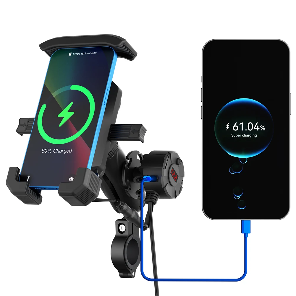 15W Wireless Charging Motorcycle Mobile Support Fast Charger Motorcycle Shock-Absorbing Phone Holder 360° Rotatable Adjustable