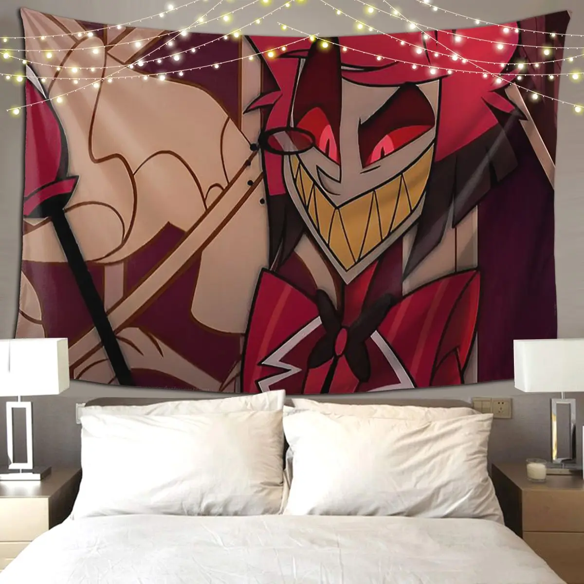 

Modern Hazbin Alastor Buddy Cartoon Anime Tapestry Art Wall Hanging Aesthetic Home Decor Tapestries for Living Room Bedroom Dorm