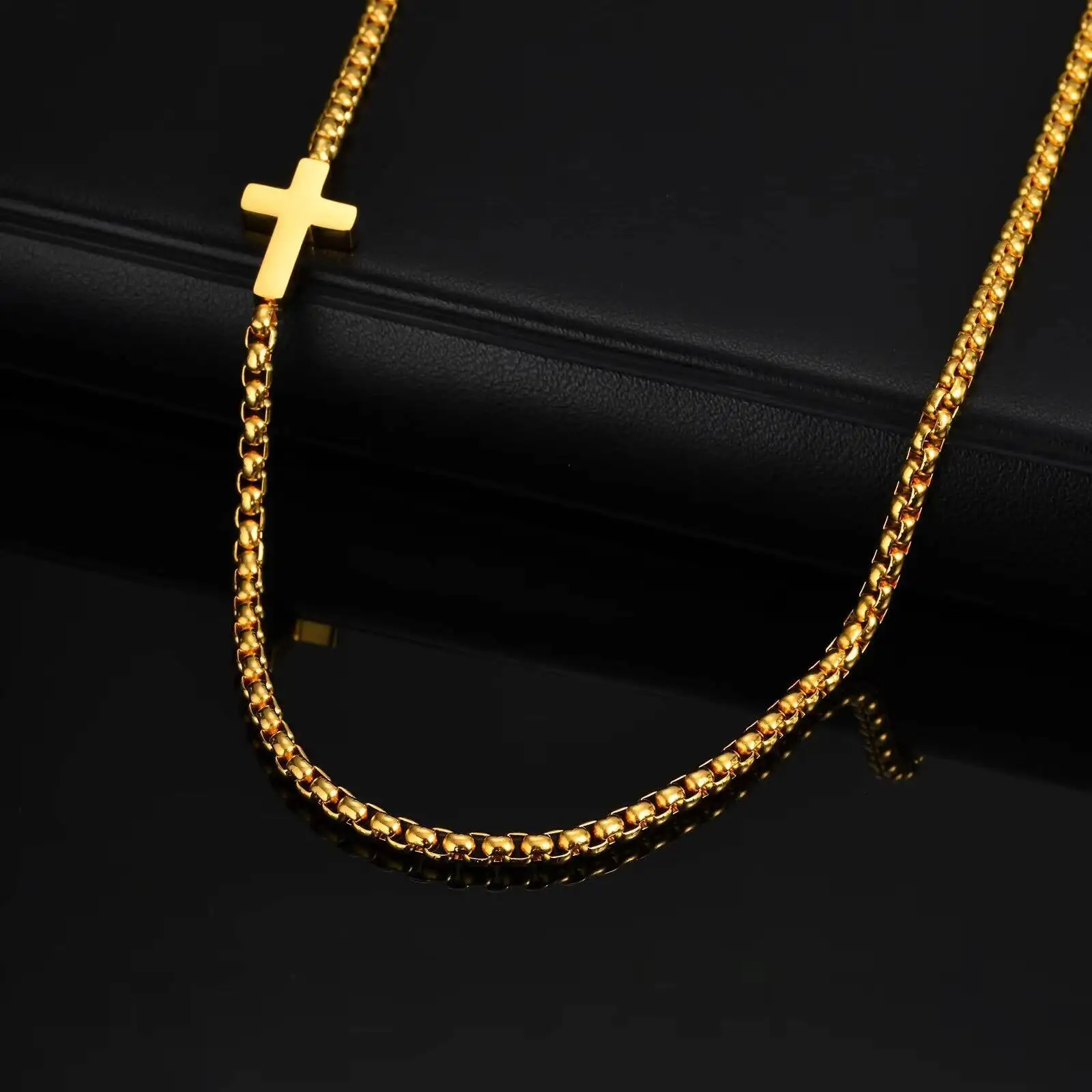 Vnox Trendy Sideway Cross Faith Necklaces for Men, Fashionable Charm Neckchain Stainless Steel Box Chain Collar, Jewelry Gifts