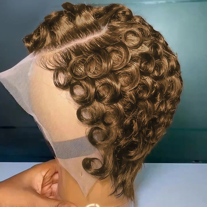 

Brown Chioma Pixie Cut Wig Short Wavy Human Hair Wigs For Black Women 13x4 Transparent Lace Frontal Wigs