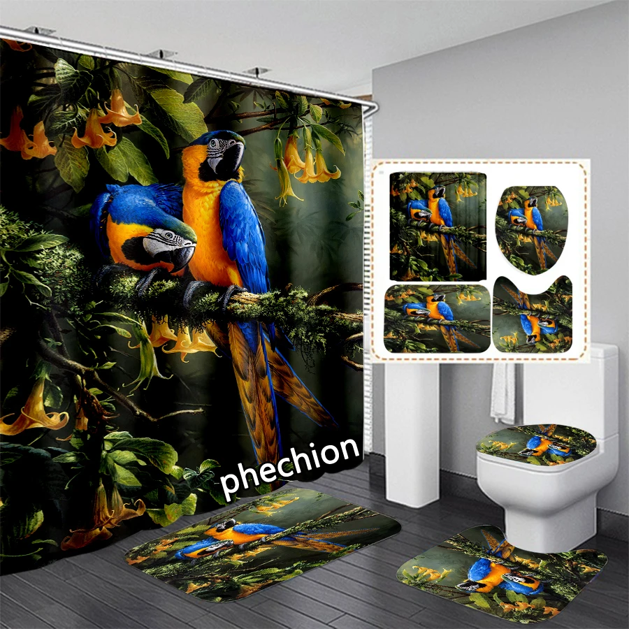 phechion Animal Parrot 3D Print Waterproof Bathroom Shower Curtain Toilet Cover Mat Non-Slip Floor Mat (1/3/4Pcs) W30