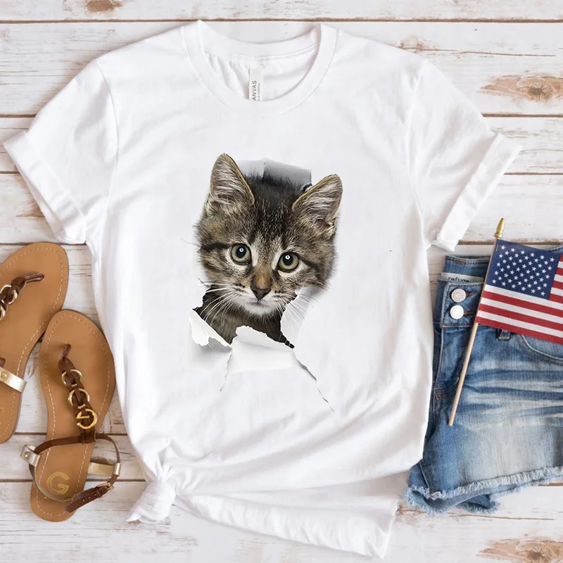 

Cat Printing T Shirts Fashion Womens Summer Cool Short Sleeve Tops Tee Shirts