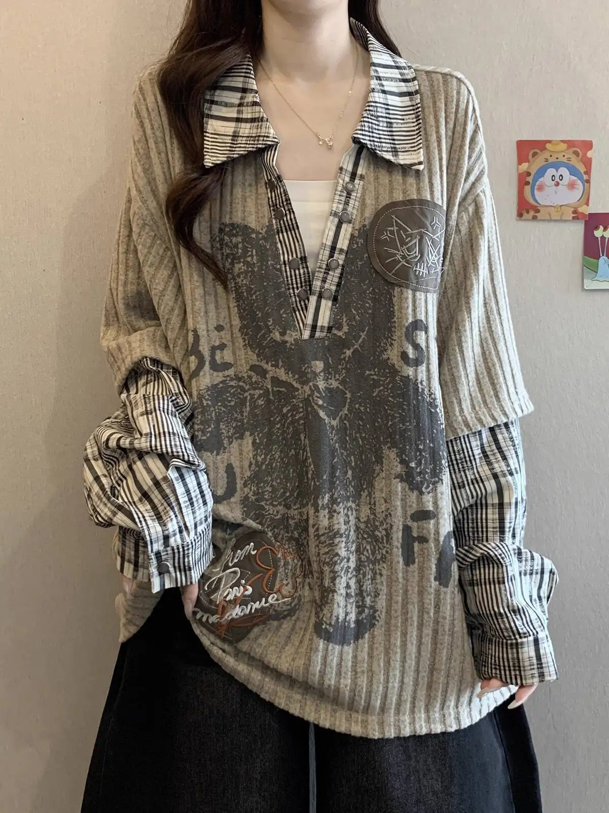 Plus Size Fake Two Piece Long Sleeve Shirts 2025 Autumn Women's Sweet Cool Printed Loose Hip Hop V Neck Shirts