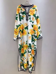 Retro spring and summer new printed polka-dot round neck long-sleeved dress with high waist and split loose fashion holiday skir