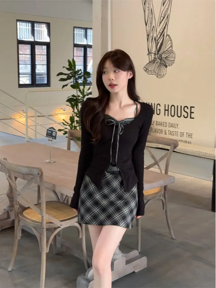 

Горячая девушка, пикантный комплект, искусственная двухсекционная длинная футболка све, женская осенне-зимняя клетчатая юбка с высокой талией, комплект из двух предметов, повседневный ...