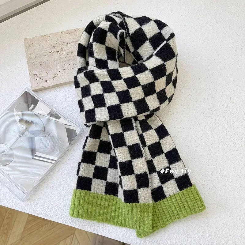 الخريف والشتاء جديد اللون منعت الشطرنج وشاح قصير اليابانية لطيف طالب ins نمط محبوك الصوف وشاح صغير فتاة