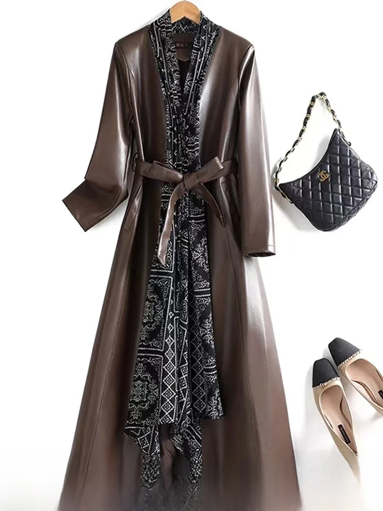 엘레 미디엄 길이 양가죽 가죽 코트 여성용 패셔너블 슬리밍 한국 스타일 봄 가을 신상품 윈드브레이커