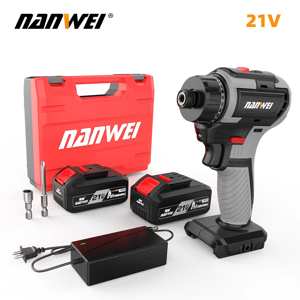 Nanwei 21V Brushless Li-ion Battery Dual Speed Screwdriver Household Electric Screwdriver Cordless Drill Screwdriver