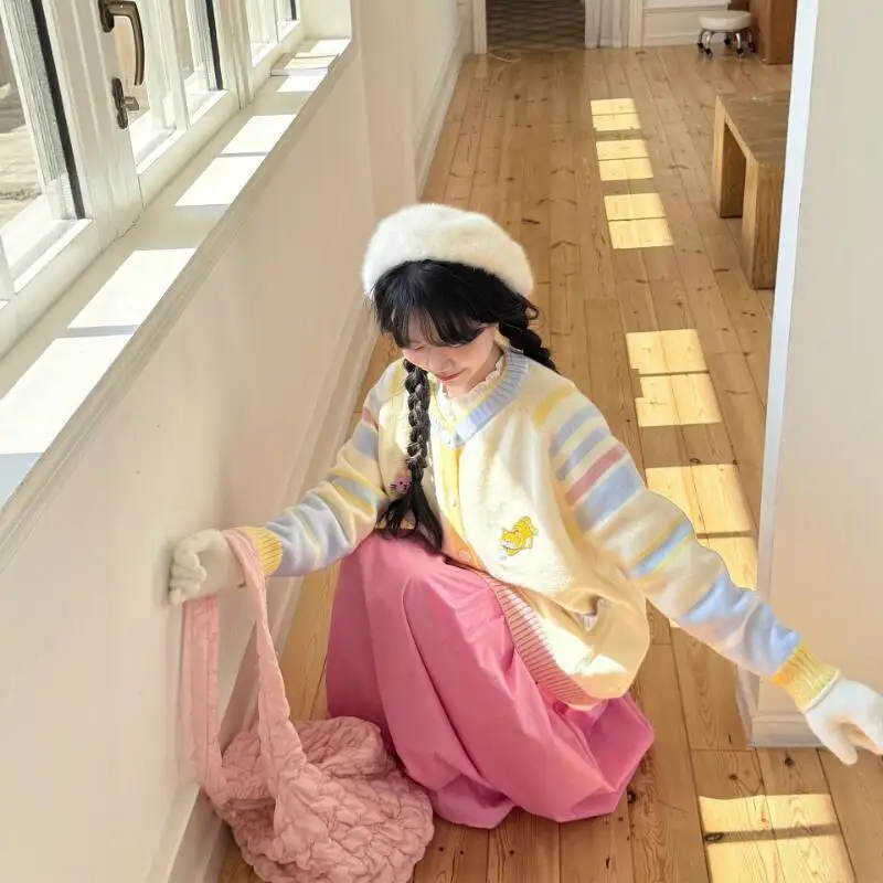 

2025 Sanrio Retro Striped Colorful Cute Cartoon Knitted Sweater New Women Early Autumn Fashion Comfort Lazy Cardigan Coatto Tops
