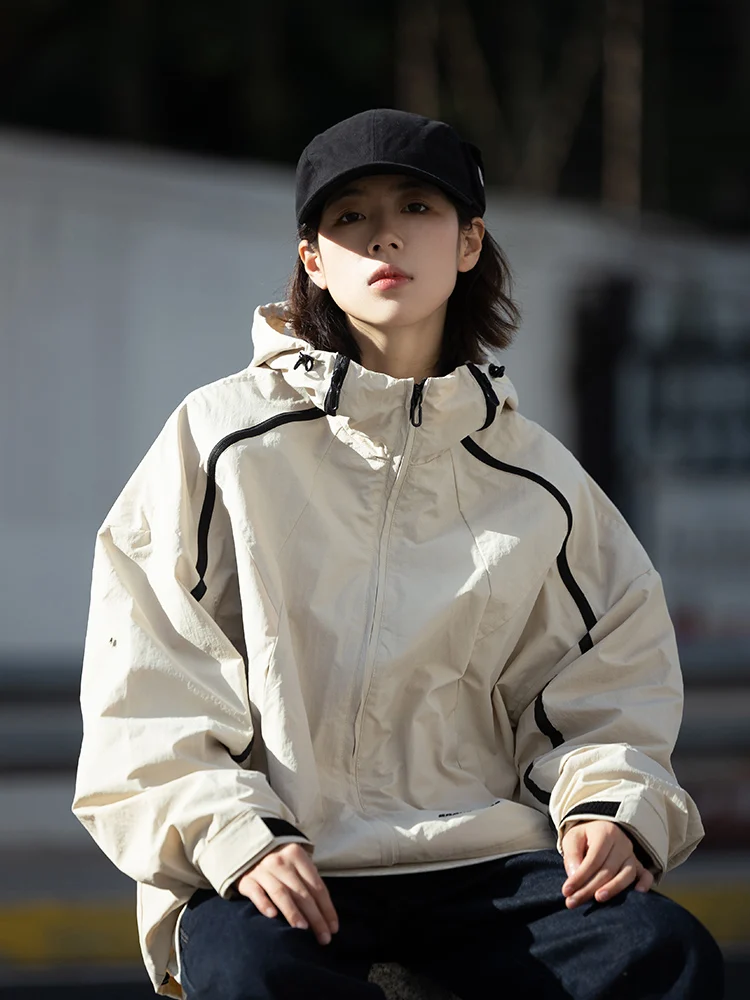 

Outdoor Autumnal Men's Hooded Jaet Zipper Loose Fit Color Blo Workwear Sle Youthful Trendy Windproof Outerwear Coat