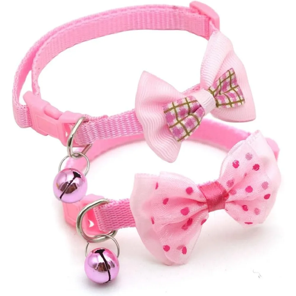 2 Pack Cute Pet Bow Tie Collar with Bell, Adjustable Small Cat & Puppy Neck Collar, Pet Decor Accessory, Random Color