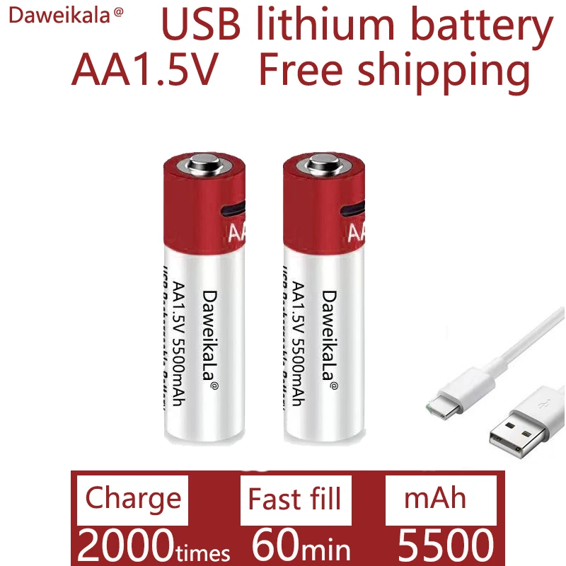 Daweikala New AA USB rechargeable Li ion battery 1.5V AA 5500mah / Li ion battery watch for toys MP3 player thermometer keyboard