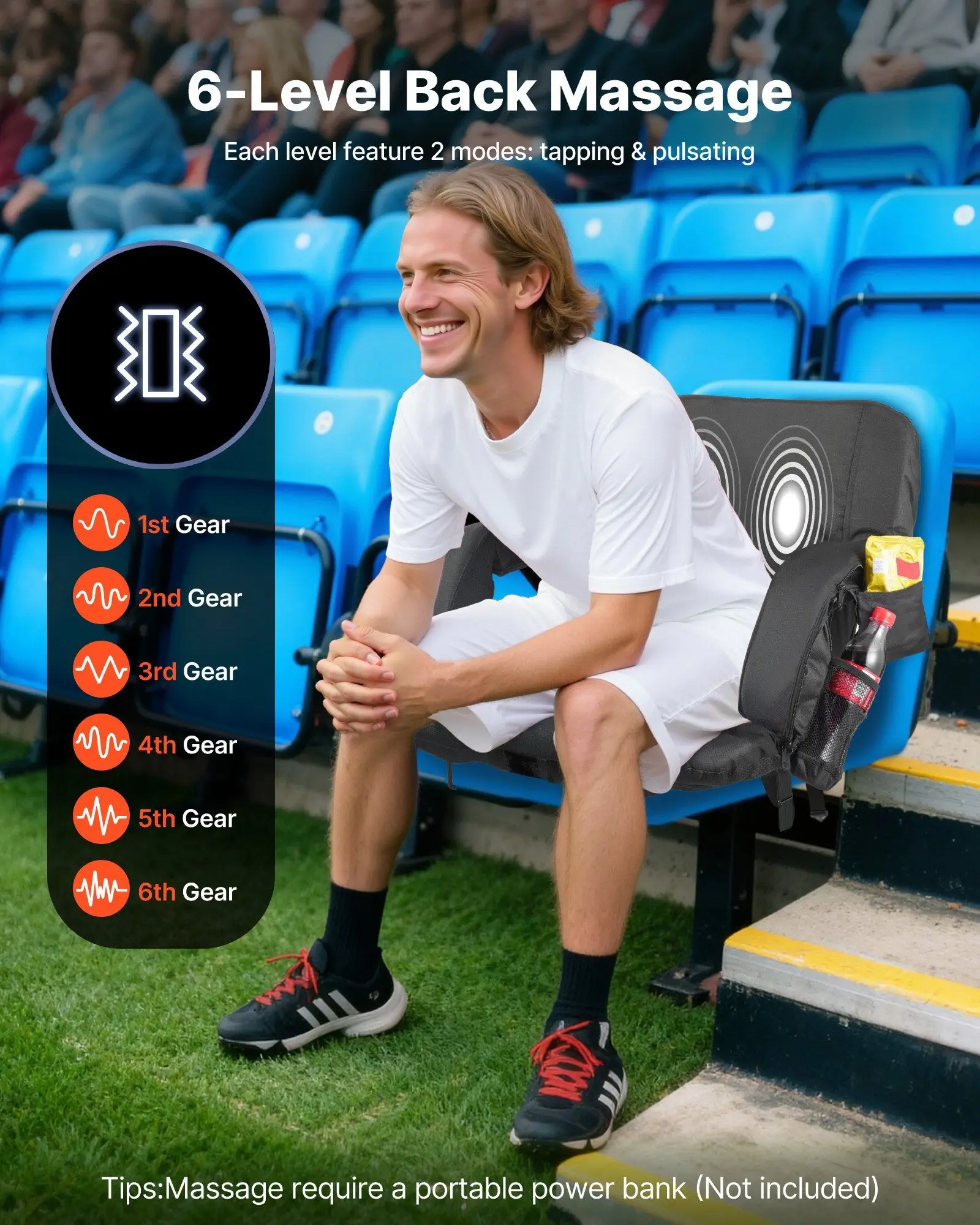 Stadium Seat, 25 inch Heated Stadium Chair, Bleacher Seat Heated with 4 Pockets for Bleachers, 3 Level Heating & 6 Modes Vibration Portable Heating Stadiums Chair for Camping, Sports Events