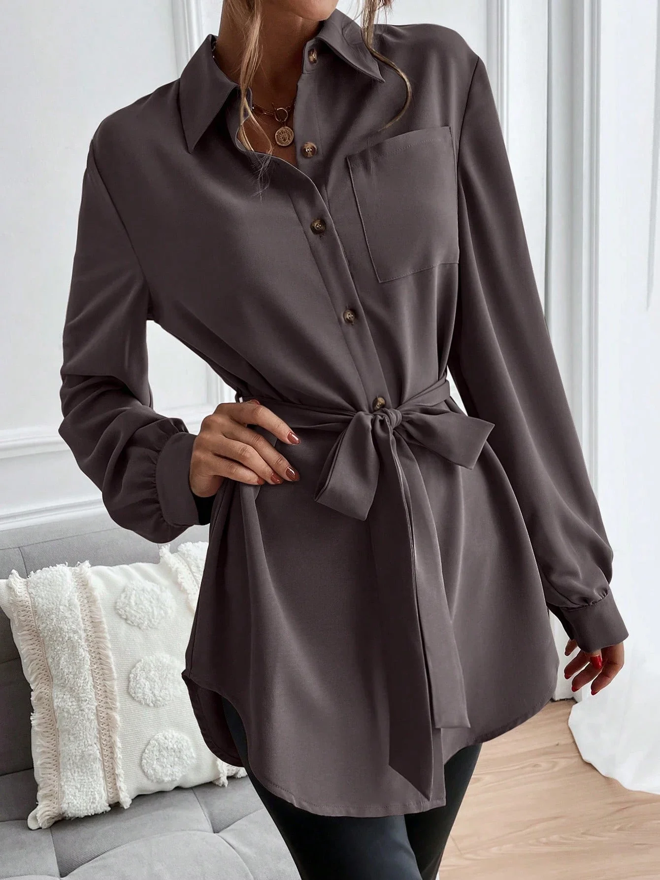 

Solid Button Front Belted Shirt Dress For Women