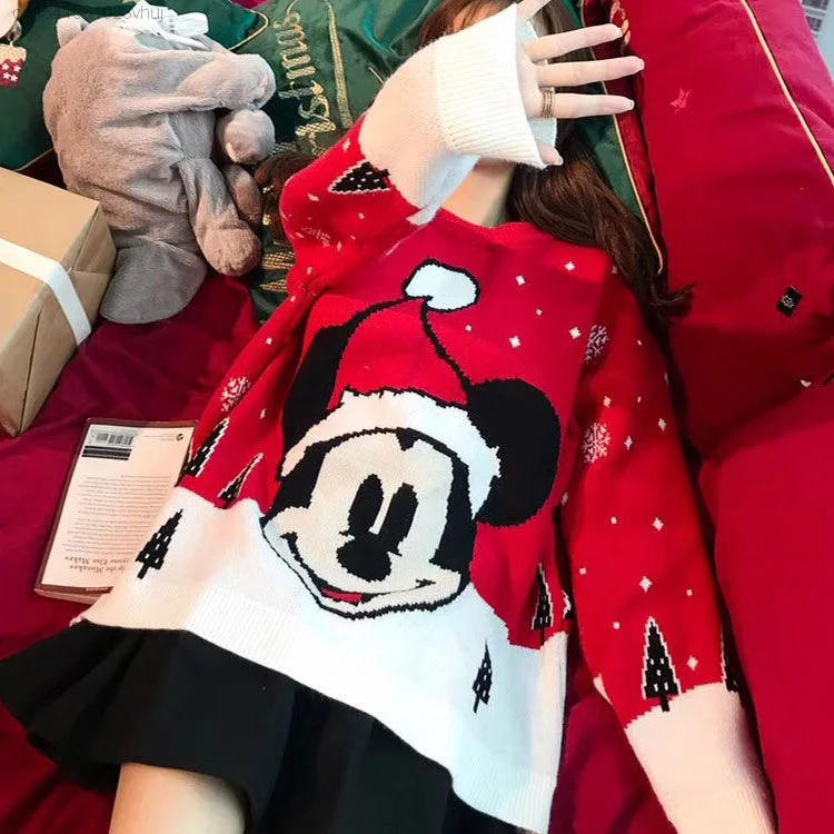 Disney Mickey Mouse Kawaii Anime New Sweater For Youthful Woman Christmas Fairy Knitwaer Outside Cute Sweet Knit Tops Yk2 Girls