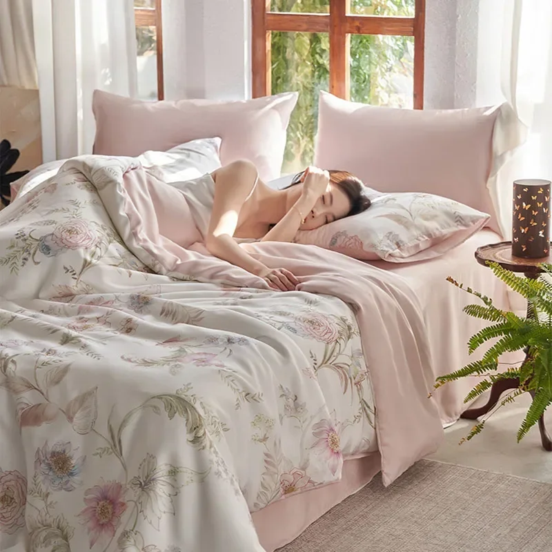High-End Plant Printed Bedding Sets for Summer Satin Smooth Bare Sleep Comforter Cover Kit Cozy Bed Linens for Double Queen