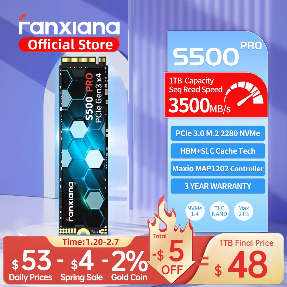 Fanxiang S500 Pro M.2 SSD 3500 MB/s, Hard Disk TLC 2TB 1TB 512GB M.2 NVMe PCIe3.0 Internal Solid State Drive untuk Laptop Desktop