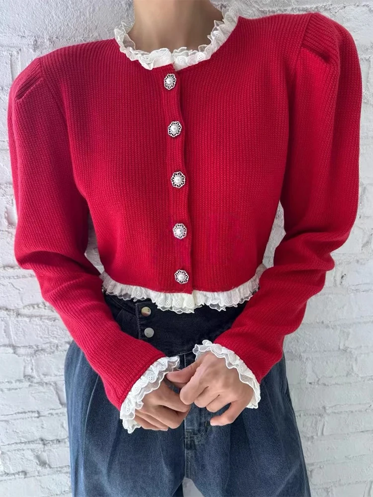 

Korean Autumn Retro Lace Stand Up Collar Pearl Button Versatile Slim Knitted Cardigan Coat for Women